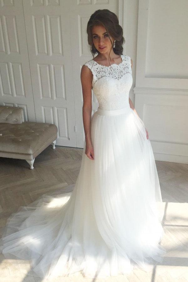 Ärmelloses weißes A-Linien-Brautkleid mit Spitze und Schleppe WD096