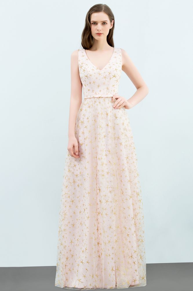 Vestidos de fiesta largos de tul con apliques, escote en V y sin mangas