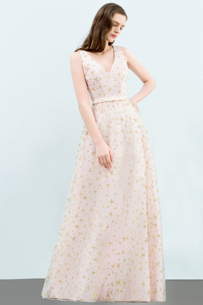 Vestidos de fiesta largos de tul con apliques, escote en V y sin mangas