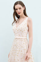Vestidos de fiesta largos de tul con apliques, escote en V y sin mangas
