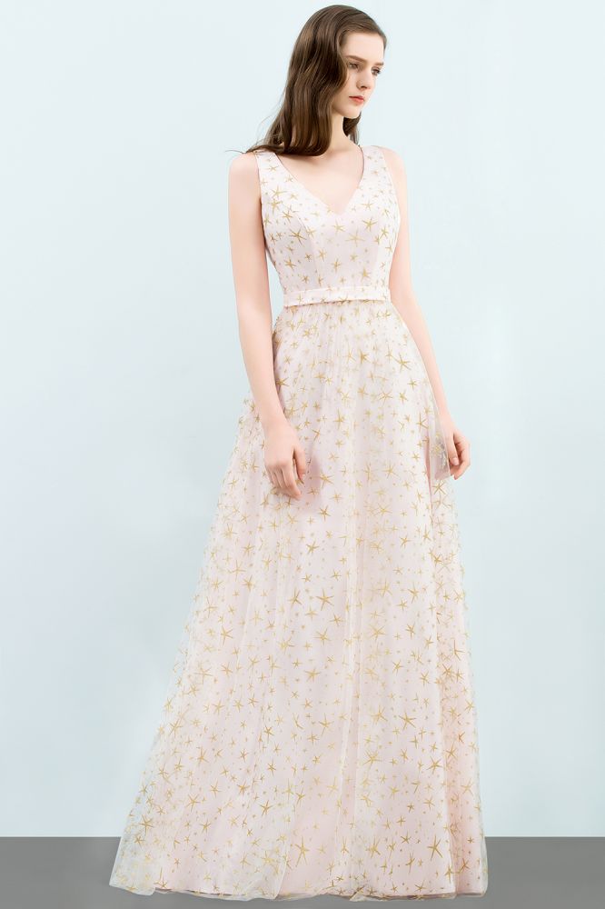 Vestidos de fiesta largos de tul con apliques, escote en V y sin mangas
