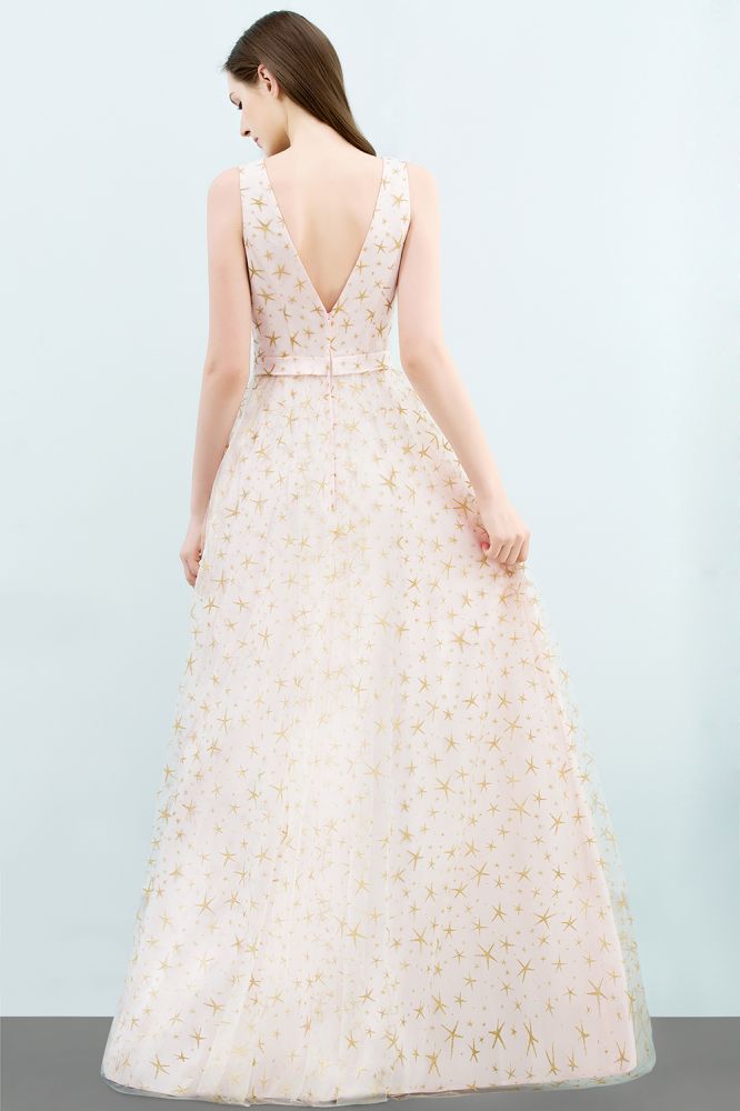 Vestidos de fiesta largos de tul con apliques, escote en V y sin mangas