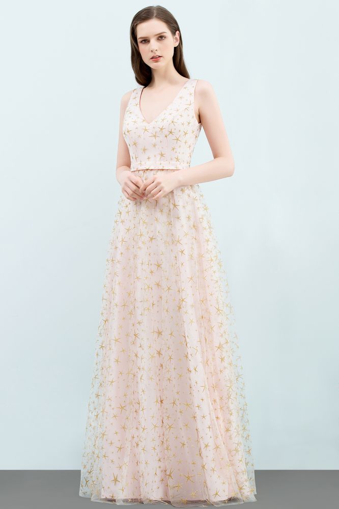Ärmelloses langes A-Linien-Ballkleid mit V-Ausschnitt und Applikationen aus Tüll