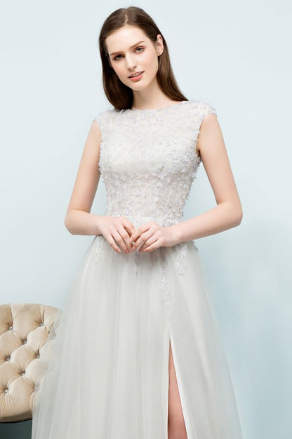 Ärmelloses langes A-Linien-Ballkleid mit Schlitz und Applikationen aus Tüll
