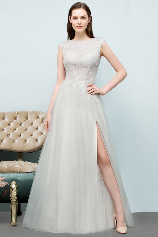 Ärmelloses langes A-Linien-Ballkleid mit Schlitz und Applikationen aus Tüll
