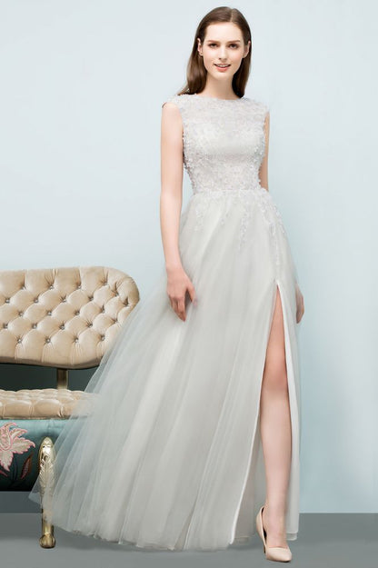Ärmelloses langes A-Linien-Ballkleid mit Schlitz und Applikationen aus Tüll
