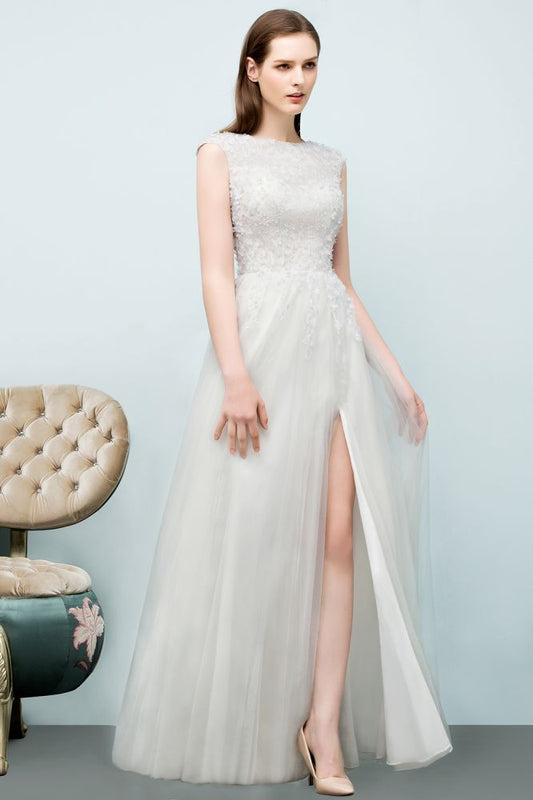 Ärmelloses langes A-Linien-Ballkleid mit Schlitz und Applikationen aus Tüll
