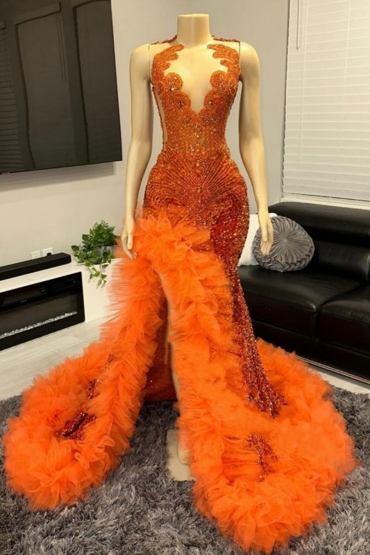 Ärmelloses orangefarbenes Meerjungfrau-Ballkleid mit Glitzersteinen, Rundhalsausschnitt, langes Partykleid mit seitlichem Schlitz
