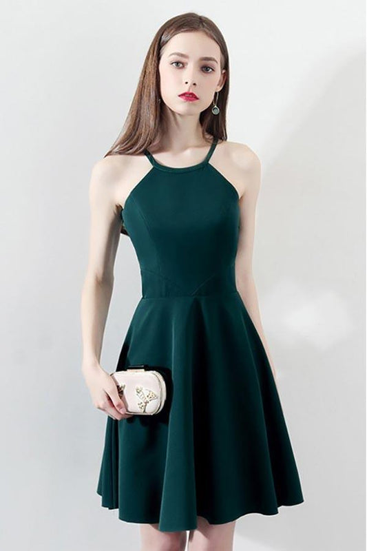Vestido de fiesta corto ajustado verde oscuro estilo Aline, vestidos de regreso a casa, cuello halter PD197