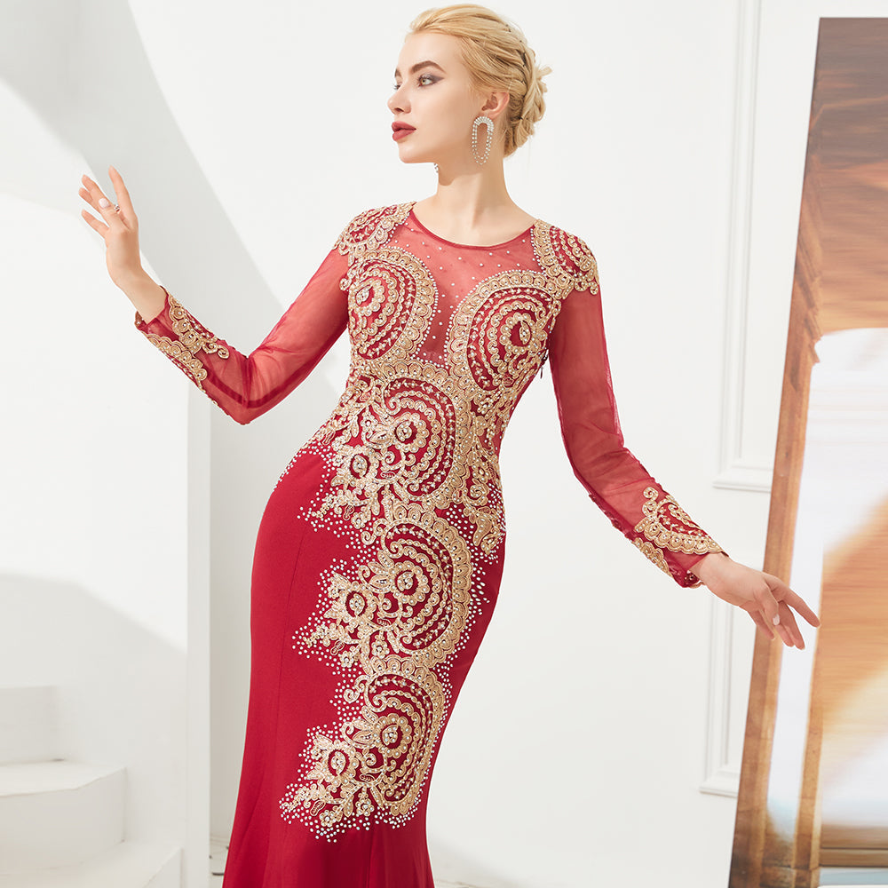 Vestido de noche de sirena con apliques dorados, mangas largas y ajustado, largo hasta el suelo, para eventos y fiestas.