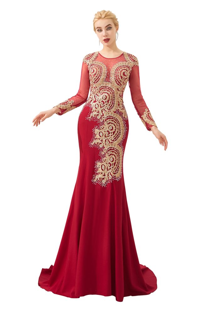 Vestido de noche de sirena con apliques dorados, mangas largas y ajustado, largo hasta el suelo, para eventos y fiestas.