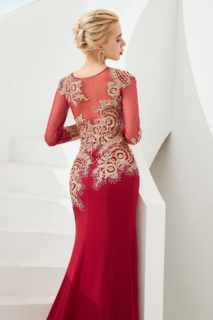 Vestido de noche de sirena con apliques dorados, mangas largas y ajustado, largo hasta el suelo, para eventos y fiestas.