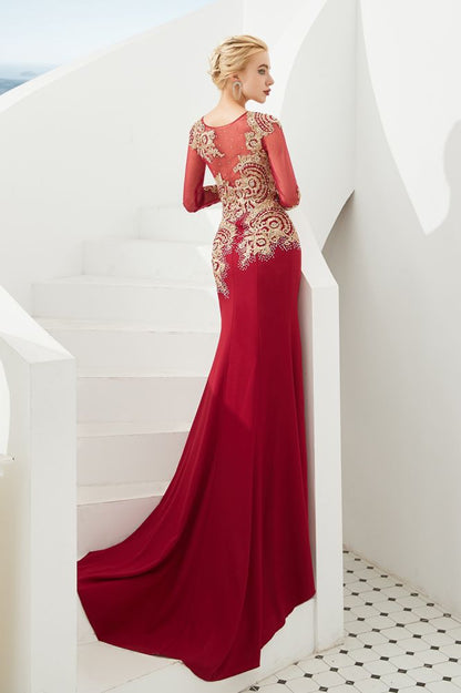Vestido de noche de sirena con apliques dorados, mangas largas y ajustado, largo hasta el suelo, para eventos y fiestas.
