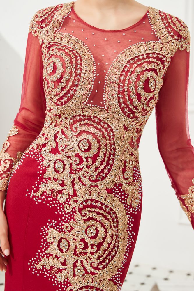 Vestido de noche de sirena con apliques dorados, mangas largas y ajustado, largo hasta el suelo, para eventos y fiestas.