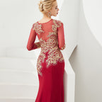 Vestido de noche de sirena con apliques dorados, mangas largas y ajustado, largo hasta el suelo, para eventos y fiestas.
