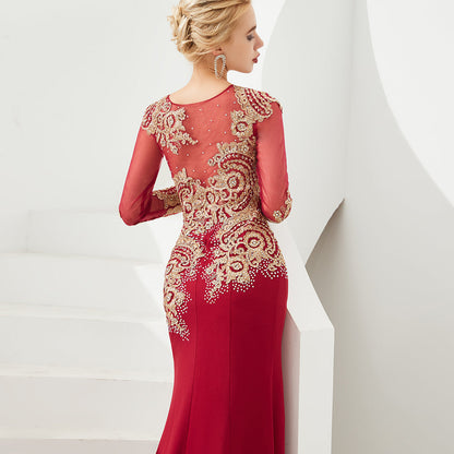 Vestido de noche de sirena con apliques dorados, mangas largas y ajustado, largo hasta el suelo, para eventos y fiestas.