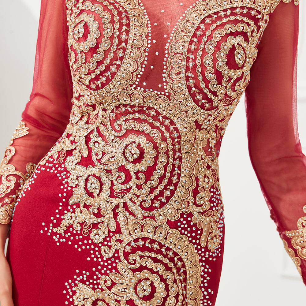 Vestido de noche de sirena con apliques dorados, mangas largas y ajustado, largo hasta el suelo, para eventos y fiestas.