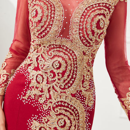 Vestido de noche de sirena con apliques dorados, mangas largas y ajustado, largo hasta el suelo, para eventos y fiestas.