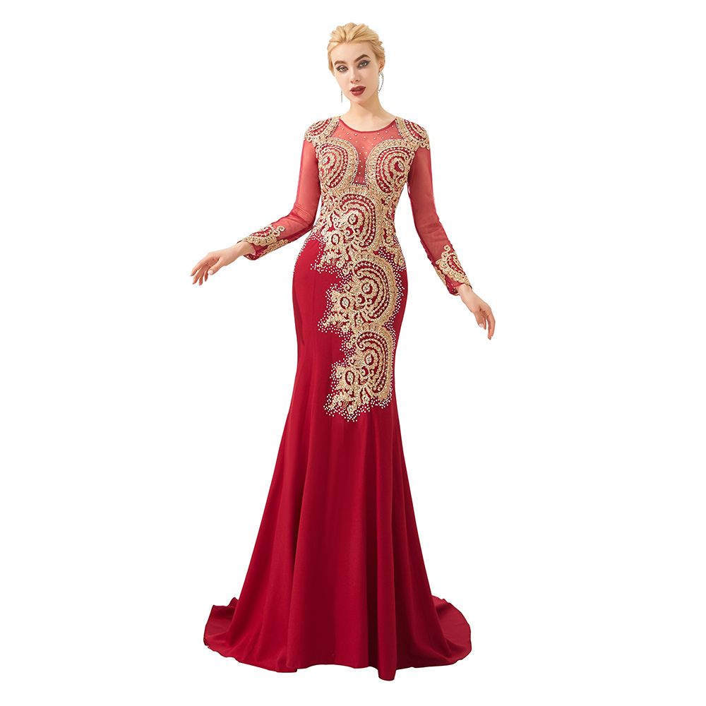 Vestido de noche de sirena con apliques dorados, mangas largas y ajustado, largo hasta el suelo, para eventos y fiestas.