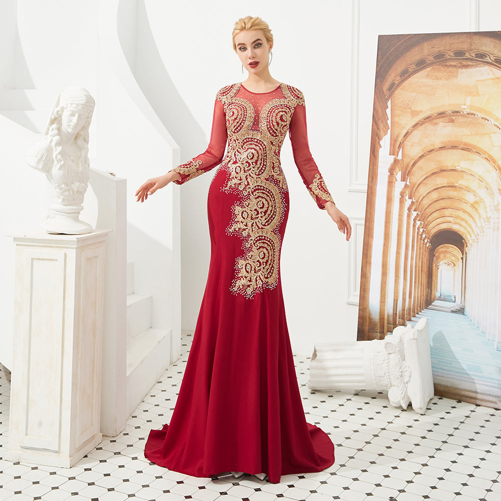 Vestido de noche de sirena con apliques dorados, mangas largas y ajustado, largo hasta el suelo, para eventos y fiestas.