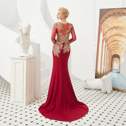 Vestido de noche de sirena con apliques dorados, mangas largas y ajustado, largo hasta el suelo, para eventos y fiestas.