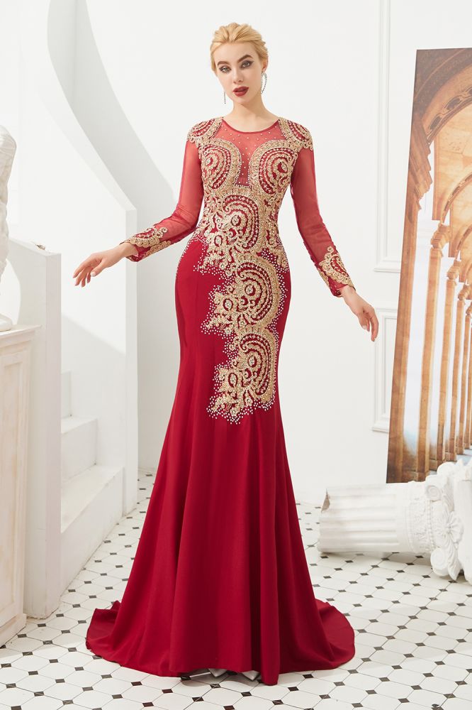 Vestido de noche de sirena con apliques dorados, mangas largas y ajustado, largo hasta el suelo, para eventos y fiestas.