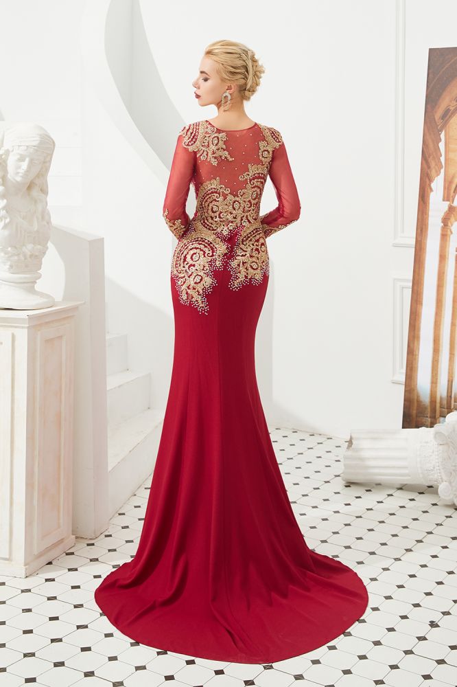 Vestido de noche de sirena con apliques dorados, mangas largas y ajustado, largo hasta el suelo, para eventos y fiestas.