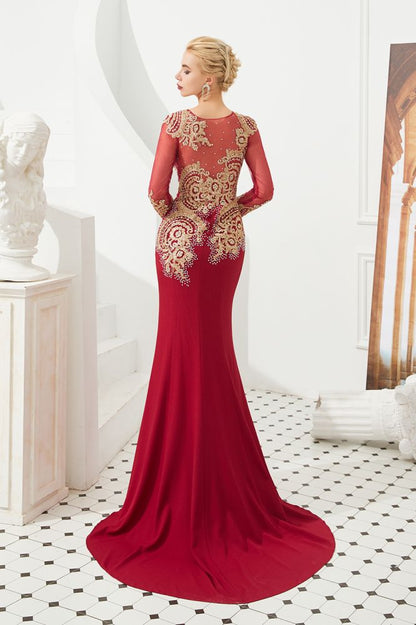 Vestido de noche de sirena con apliques dorados, mangas largas y ajustado, largo hasta el suelo, para eventos y fiestas.
