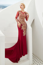 Vestido de noche de sirena con apliques dorados, mangas largas y ajustado, largo hasta el suelo, para eventos y fiestas.