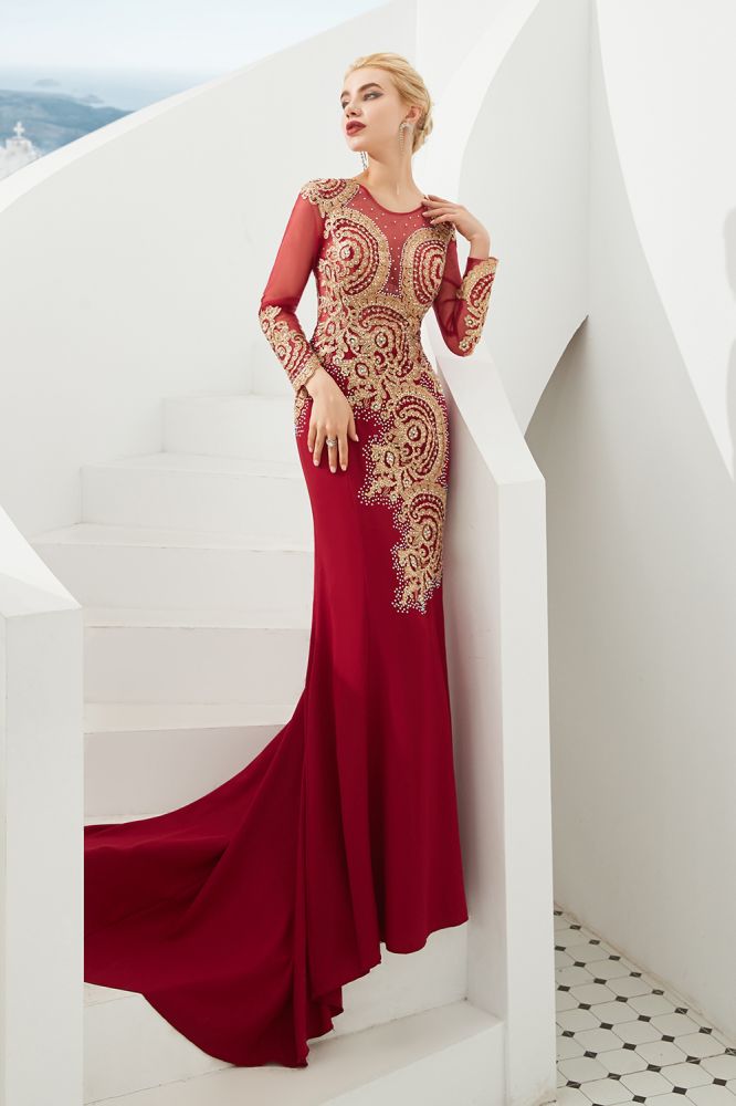 Vestido de noche de sirena con apliques dorados, mangas largas y ajustado, largo hasta el suelo, para eventos y fiestas.