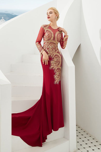 Vestido de noche de sirena con apliques dorados, mangas largas y ajustado, largo hasta el suelo, para eventos y fiestas.