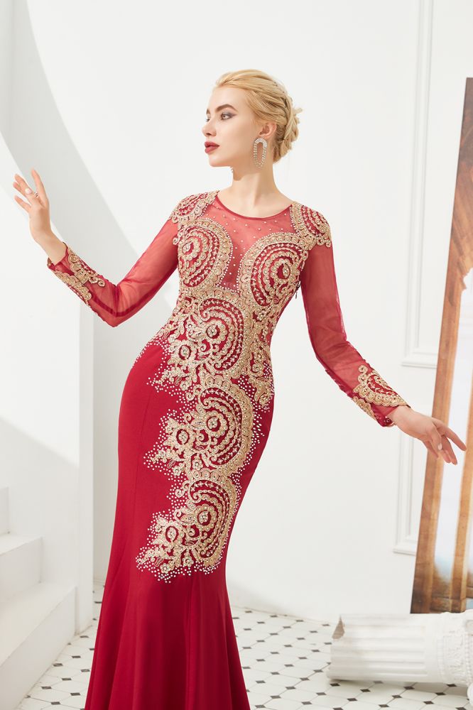 Vestido de noche de sirena con apliques dorados, mangas largas y ajustado, largo hasta el suelo, para eventos y fiestas.