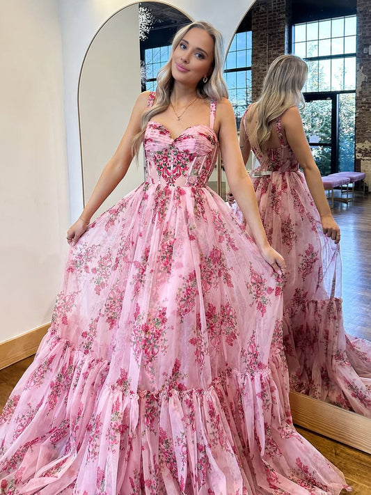 Sosi | Vestido de fiesta largo de gasa con estampado floral, corte en A, color rosa, escote en forma de corazón y lazo