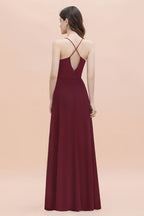 Spaghetti Bateau Aline Evening Maxi Dress Sequins Chiffon Bridesmaid Dress