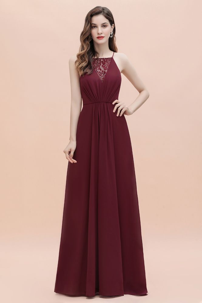 Spaghetti Bateau Aline Evening Maxi Dress Sequins Chiffon Bridesmaid Dress
