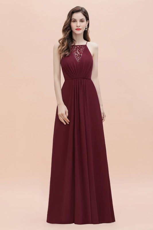 Vestido largo de noche con escote barco y lentejuelas de gasa para dama de honor
