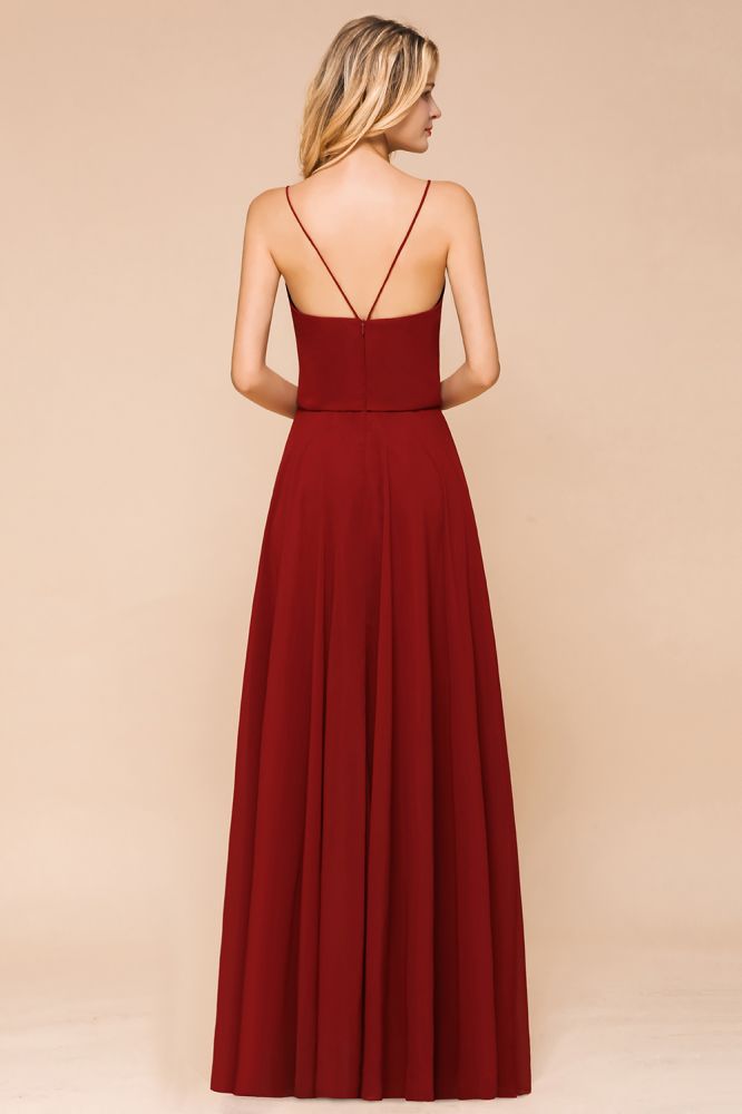 Vestido de dama de honor de gasa espagueti, sin espalda, color burdeos, largo hasta el suelo, para boda en la playa