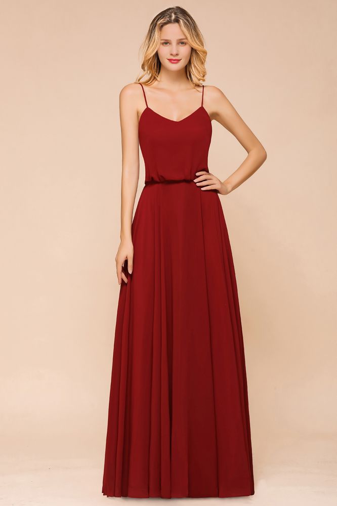 Vestido de dama de honor de gasa espagueti, sin espalda, color burdeos, largo hasta el suelo, para boda en la playa