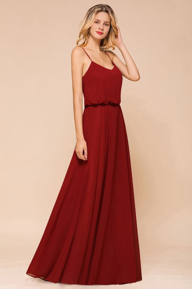 Vestido de dama de honor de gasa espagueti, sin espalda, color burdeos, largo hasta el suelo, para boda en la playa