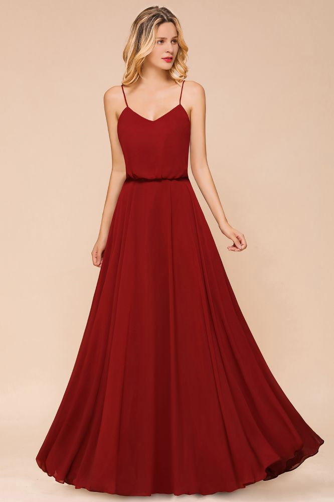 Vestido de dama de honor de gasa espagueti, sin espalda, color burdeos, largo hasta el suelo, para boda en la playa