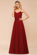 Spaghetti Chiffon Brautjungfernkleid Rückenfrei Burgunderrot Bodenlang Strand Brautkleid