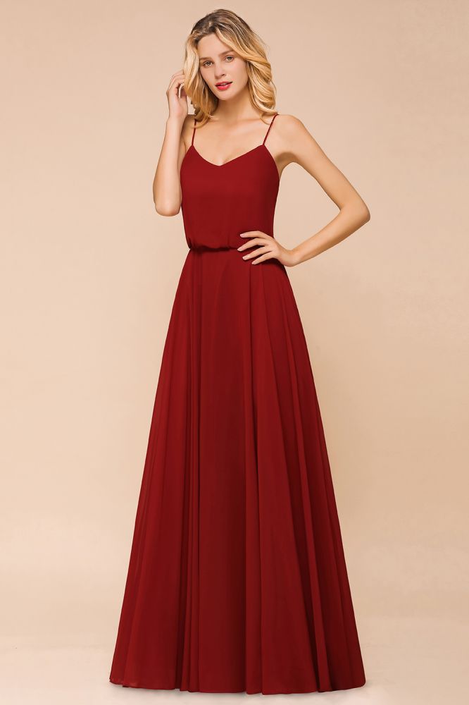 Spaghetti Chiffon Brautjungfernkleid Rückenfrei Burgunderrot Bodenlang Strand Brautkleid