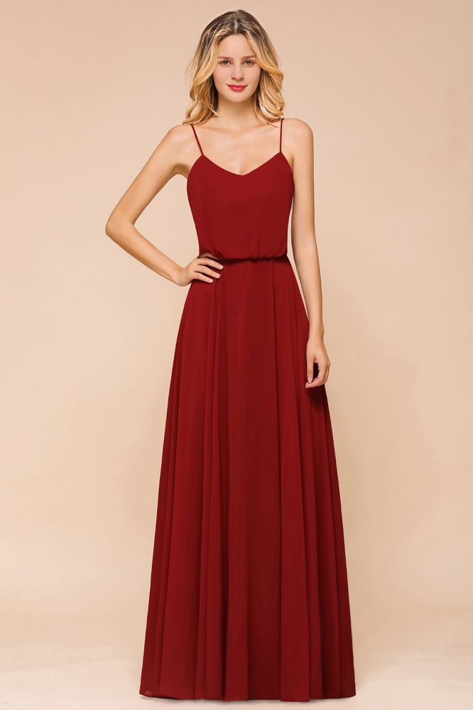 Vestido de dama de honor de gasa espagueti, sin espalda, color burdeos, largo hasta el suelo, para boda en la playa
