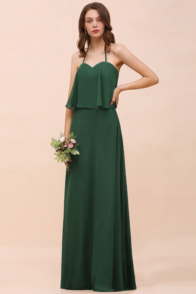 Vestido de dama de honor de gasa espagueti verde oscuro Vestido de dama de honor largo hasta el suelo