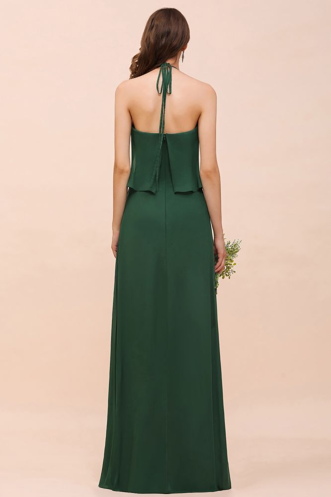 Vestido de dama de honor de gasa espagueti verde oscuro Vestido de dama de honor largo hasta el suelo