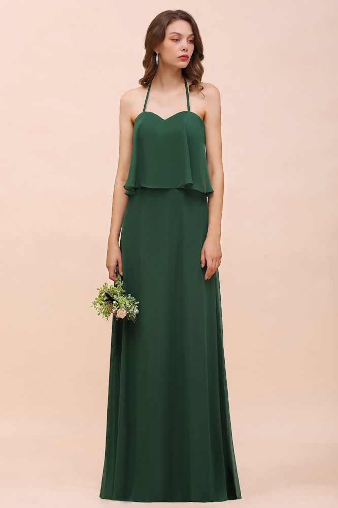 Vestido de dama de honor de gasa espagueti verde oscuro Vestido de dama de honor largo hasta el suelo