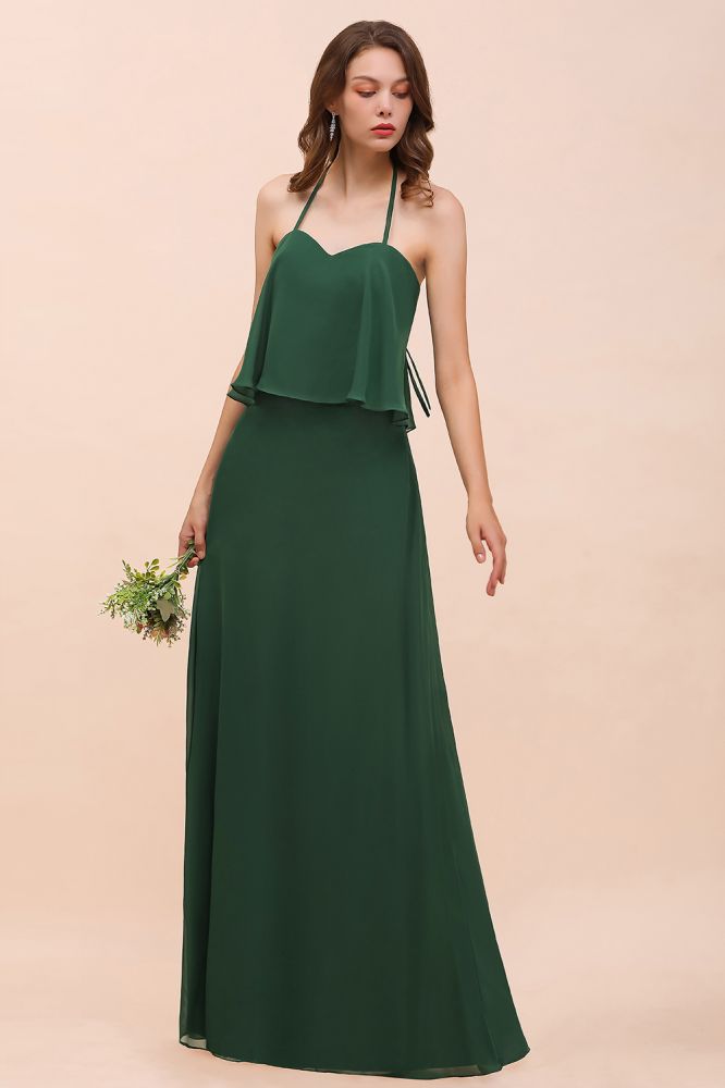 Vestido de dama de honor de gasa espagueti verde oscuro Vestido de dama de honor largo hasta el suelo