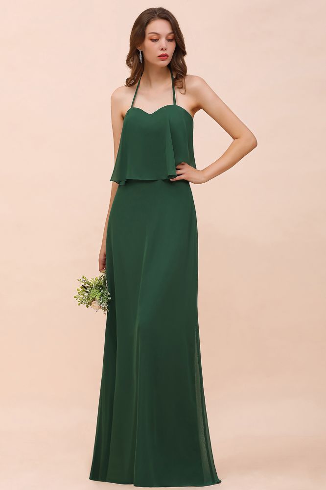 Vestido de dama de honor de gasa espagueti verde oscuro Vestido de dama de honor largo hasta el suelo