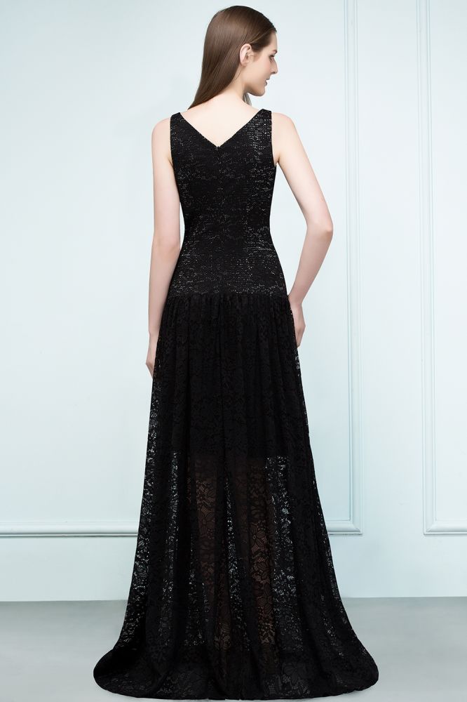 Vestidos de dama de honor de encaje con escote en V y corte A hasta el suelo de espagueti