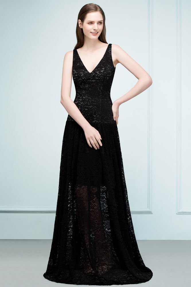 Vestidos de dama de honor de encaje con escote en V y corte A hasta el suelo de espagueti